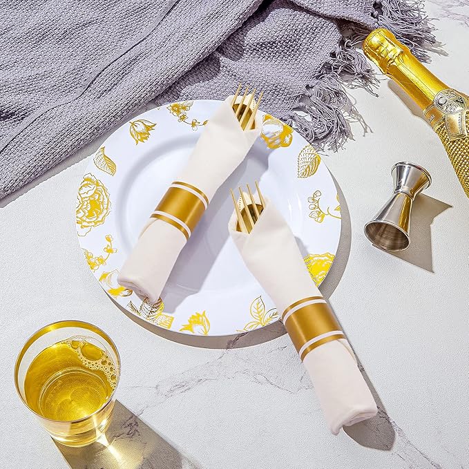 N9R 50 Pack Pre Rolled Gold Plastic Cutlery Set, Wrapped Plastic Silverware Set with 50 Forks, 50 Knives, 50 Spoons and 50 Napkins, Disposable Cutlery Set for Party and Wedding