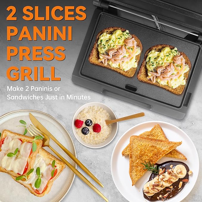 Baker's Friend Mini Panini Press Electric Griddle, 2 Slices of Panini Grill Press Sandwich Maker Press, Sandwichera Electrical for Pancakes & Eggs, Oil Tray, Non Stick Surfaces, Stainless Steel