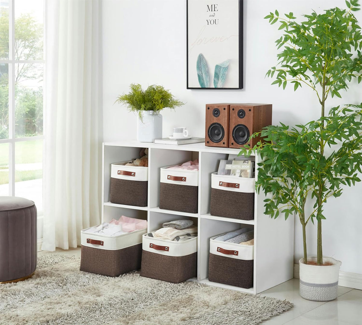 DECOMOMO Storage Baskets for Shelves - Fabric Storage Bins, Linen Closet Organizers and Storage (Brown & White, Large - 3 Pack)