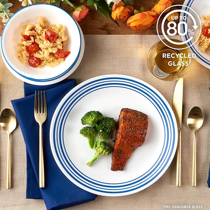 Corelle Vitrelle 18 Piece Glass Dinnerware Sets Service for 6, Triple Layer Chip & Crack Resistant Glass Plate and Bowl Sets, Laila
