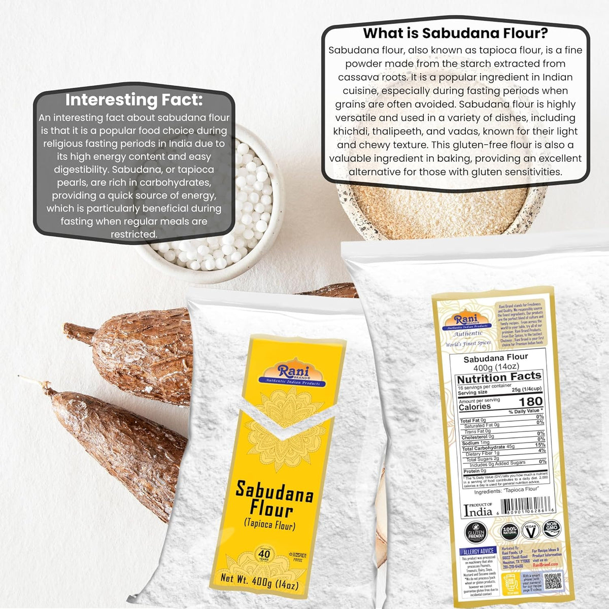 Rani Sabudana Flour (Tapioca/Sago Flour) 14oz (400g) ~ All Natural | Vegan | Gluten Friendly | NON-GMO | Kosher | Indian Origin