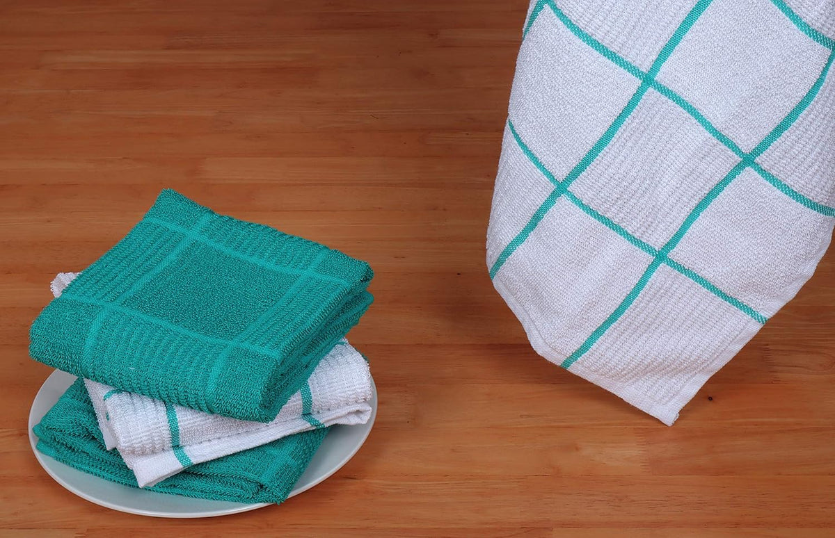 AMOUR INFINI Kitchen Towels Pack of 4 Absorbent, Quick Drying Premium Terry Cotton Dish Towel with Hanging Loop 16x28 Inch Hand & Tea Towels (Teal)