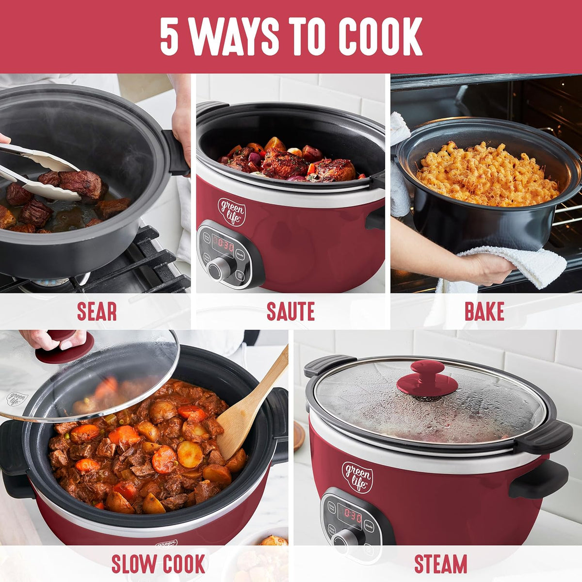 GreenLife 6QT Slow Cooker, Non-Toxic PFAS-Free Ceramic Nonstick Removable Interior Bowl, Programmable, Family Friendly, Keep Warm, Stovetop & Oven Safe, Dishwasher Safe Parts, Timer, Glass Lid, Red