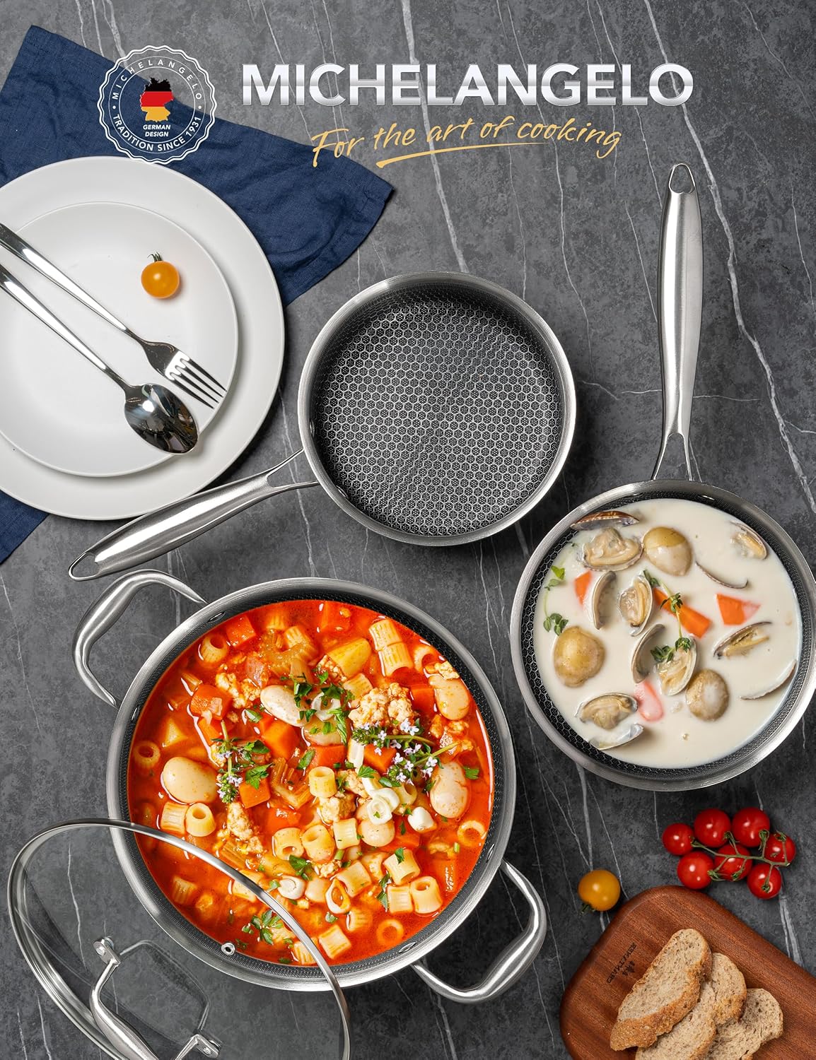 MICHELANGELO 6 Pcs Tri-ply Stainless Steel Pot Set, 2QT & 3QT & 8QT Pot with Lids, Nonstick HoneyComb Interior Cooking Pot Set, Compatible with All Cooktops, Oven & Dishwasher Safe