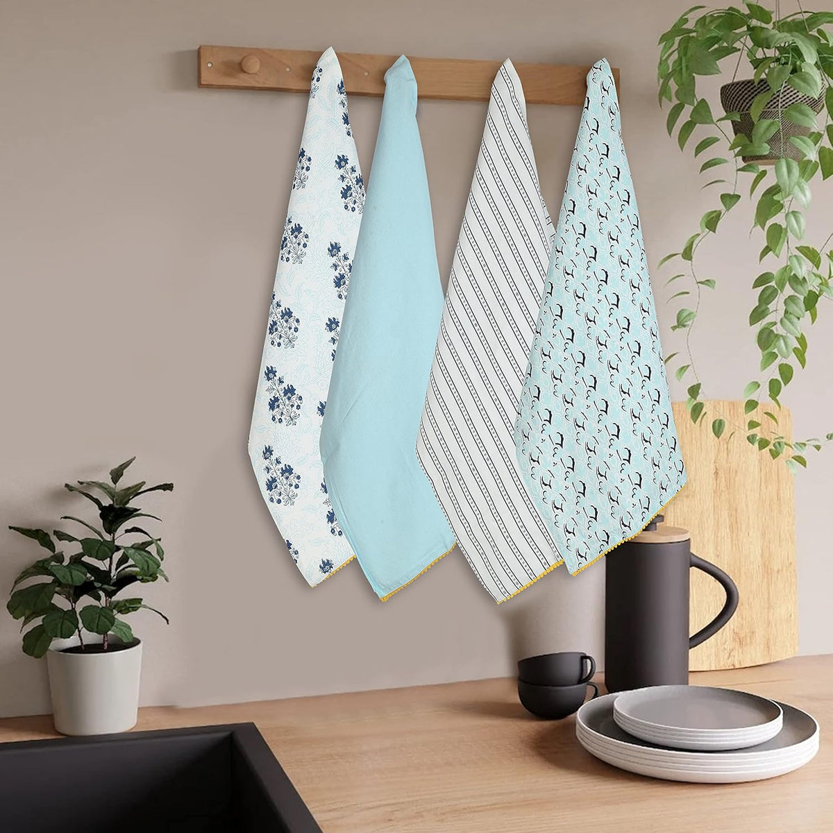 Printed Kitchen Dish Bar Tea Towels Cotton with Trims Hand Towel Gift for Mothers Day Cotton Dish Towel Sets Gift for Mom - White & Blue, Set of 4-18x28 inches