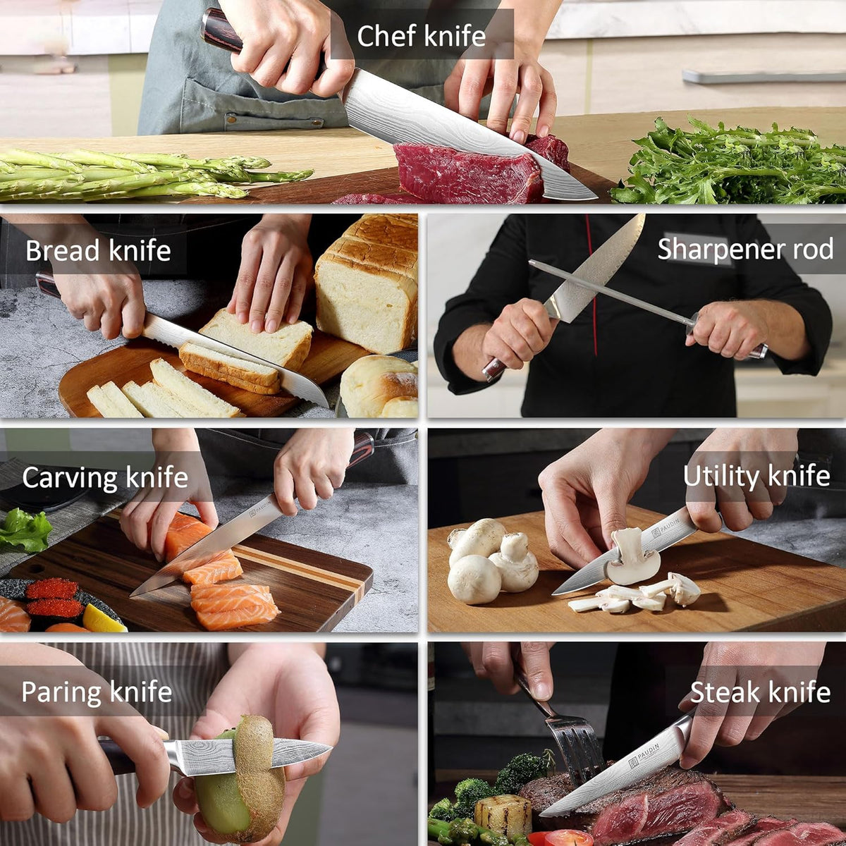 PAUDIN Kitchen Knife Set with Block, 14 Pieces Knife Sets for Kitchen with Block, High Carbon German Stainless Steel Sharp Chef Knife Set with Ergonomic Pakkawood Handle