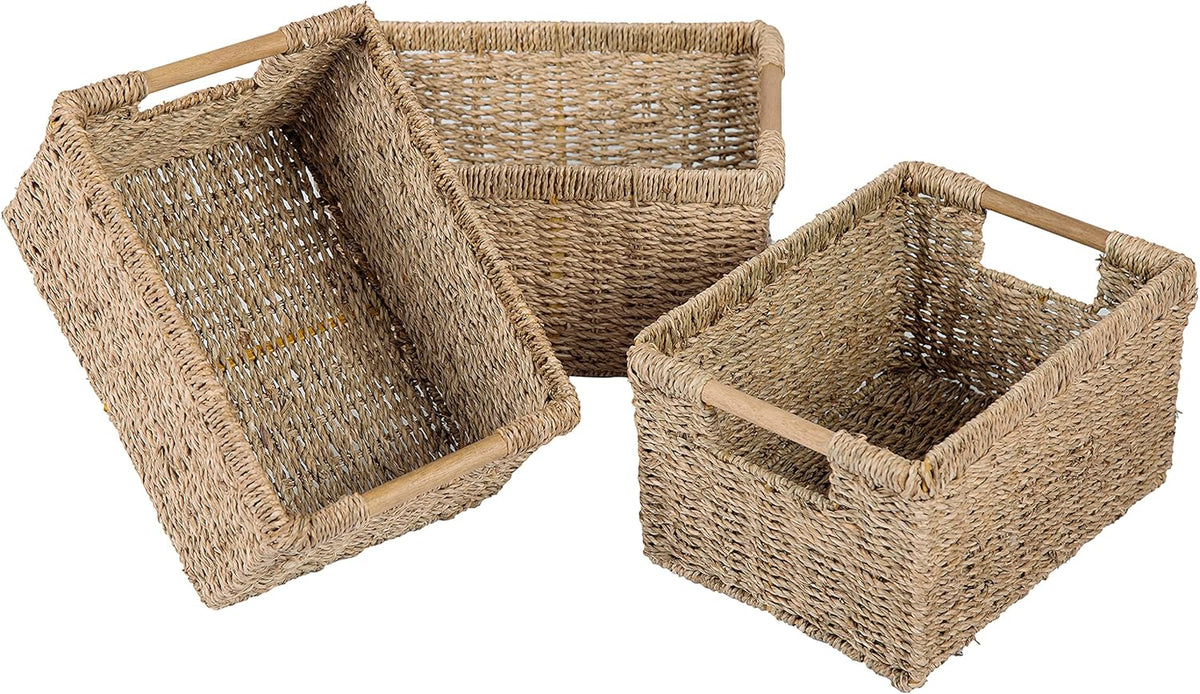 Natural Seagrass Basket with Wooden Handle, Medium Rectuangular Wicker Basket for Living Room 12.2 x 8.9 x 6.7 inches - 3 Pack