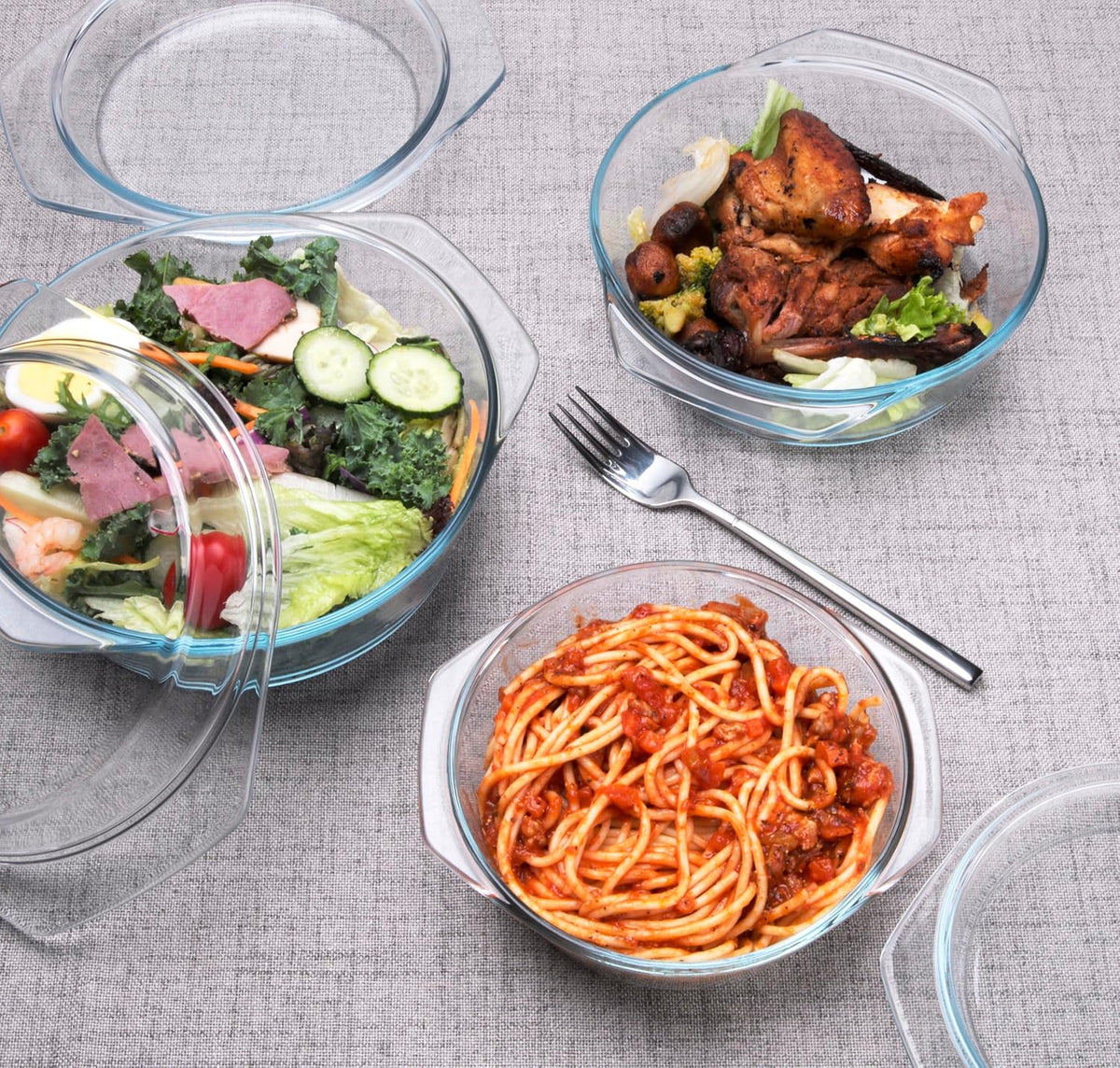 Set of 6 Pieces Round Tempered Glass Casserole Dish with Lids, Glass Casserole Baking Dish Set for Oven, Freezer and Dishwasher Safe - 1QT+1.5QT+1.8QT