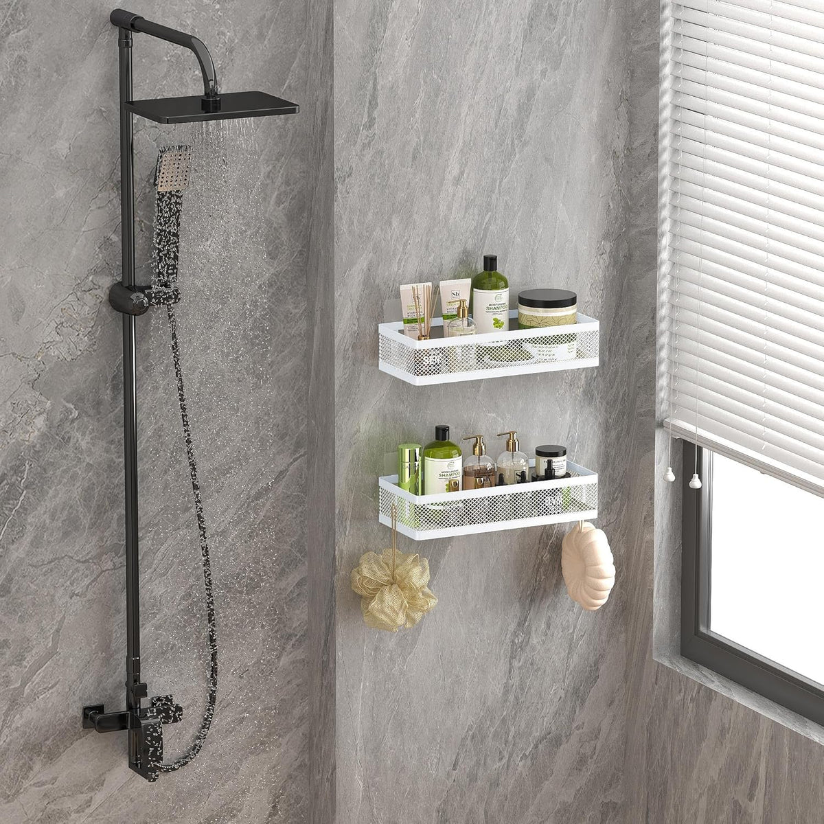 PUSDON Hanging Storage Baskets Organizer Wall Mount, Metal Wire Storage Bin Rack for Kitchen Bathroom Shower Spice Shelf Home Decor Essentials White-2 Packs (Netting)