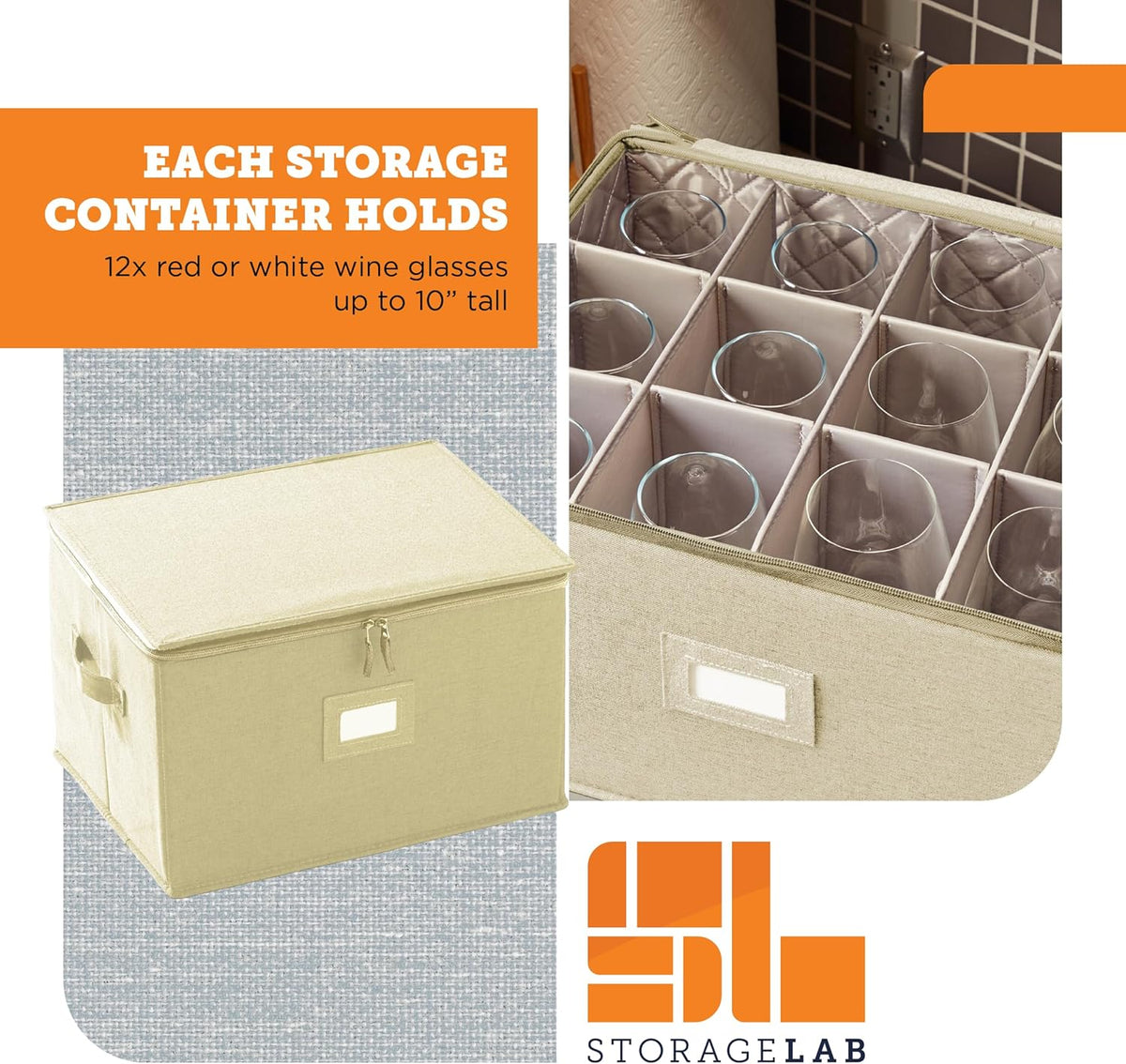storageLAB Wine Glass Storage Containers, Hard Shell Organizer for Stemware and Glassware Sets, Stackable Wine Glass Storage Box with Dividers for Kitchen and Moving Supplies - 1 Pack, Cream