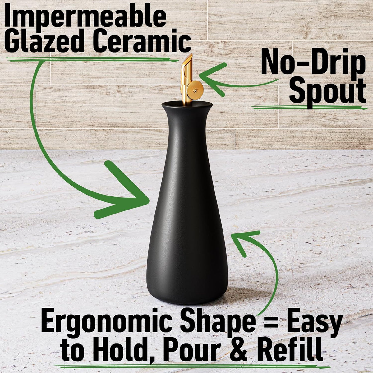 HB Design Co. Ceramic Olive Oil Dispenser with Self-Closing Gold Spout - 530 ML Capacity Matte White Ceramic Oil Dispenser for Kitchen - Leak Proof EVOO Dispensing Bottle