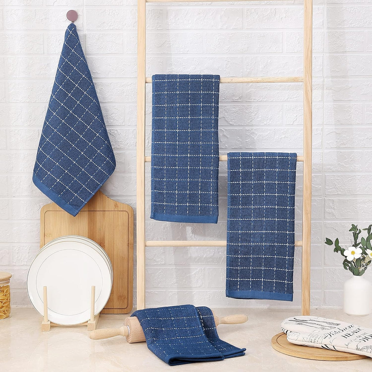 Homaxy 100% Cotton Terry Kitchen Towels(Navy Blue, 13 x 28 inches), Checkered Designed, Soft and Super Absorbent Dish Towels, 4 Pack