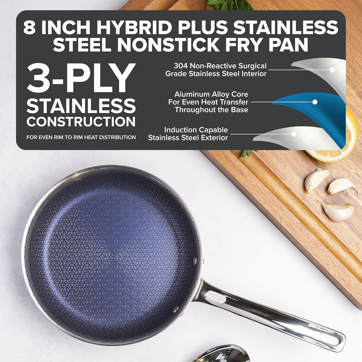 Viking 3-Ply Non Stick Frying Pan, 8 Inch Hybrid Plus Stainless Steel Kitchen Cookware, Silver