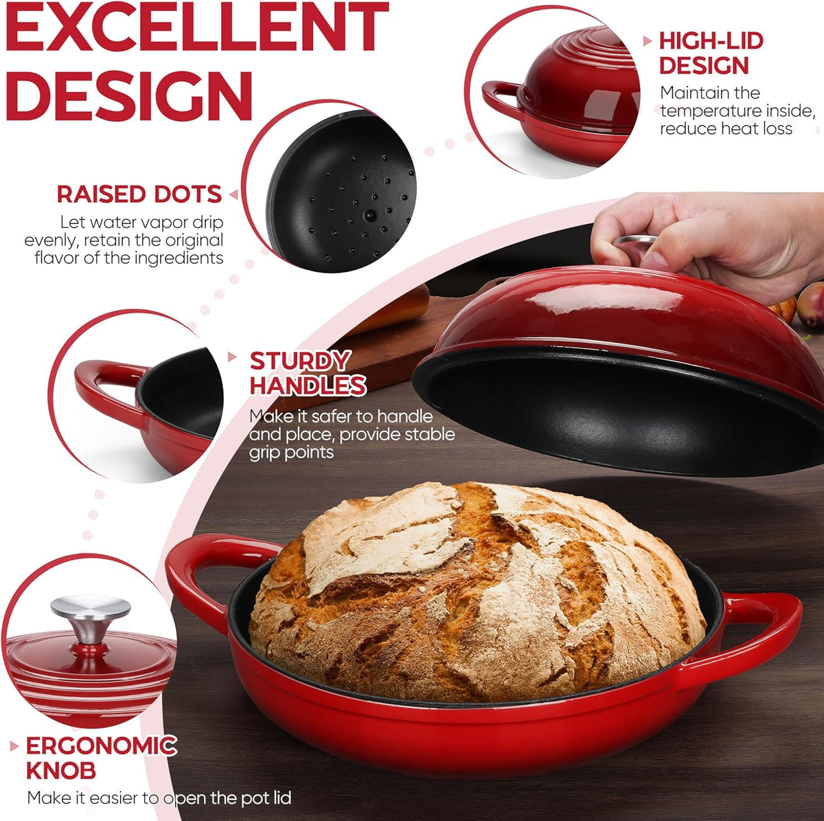 E-far Dutch Oven for Sourdough Bread Baking, 6 Qt Round Enameled Cast Iron Dutch Oven for Homemade Artisan Bread, Dome Lid & Shallow Base, Matte Black Interior & Durable, Oven-Safe to 500℉, Red