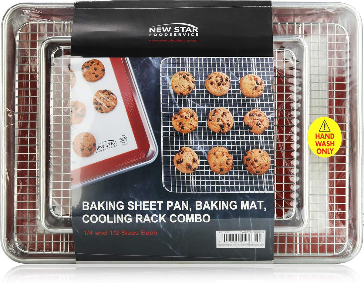 New Star Foodservice 1028751 Commercial-Grade Bun Pan/Baking Sheet, Baking Mat, Cooling Rack Combo, 1/4 and 1/2 Sizes Each