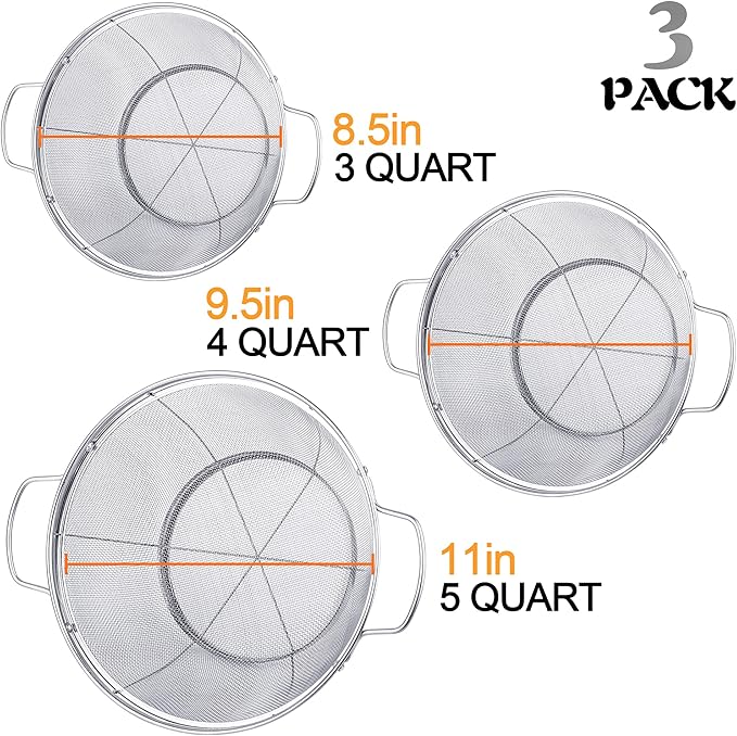 3 Pack 18/8 Stainless Steel Colander Sieves(5-Quart, 4-Quart and 3-Quart), Mesh Strainer Net Baskets with Handles & Resting Base for Strain, Drain, Rinse or Steam