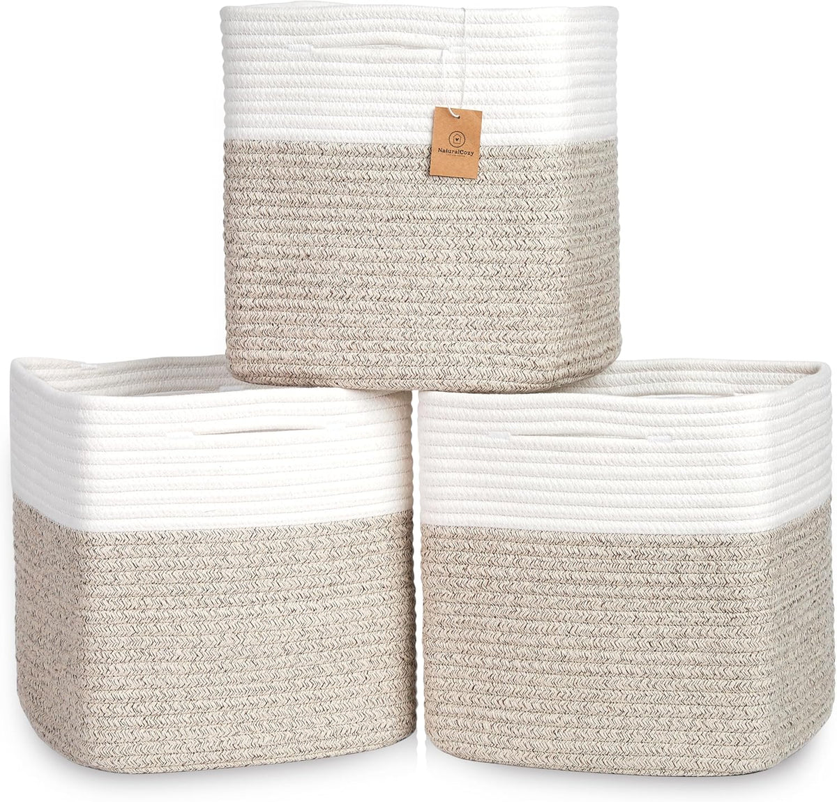 NaturalCozy 13 Inch Cube Storage Bins Cotton Rope Woven Baskets for Organizing 3-Pack | 13 x 13 Storage Cubes | Fabric Square Storage Baskets for Shelves Organizer, Kids Toy Bins, Closet Baby Nursery