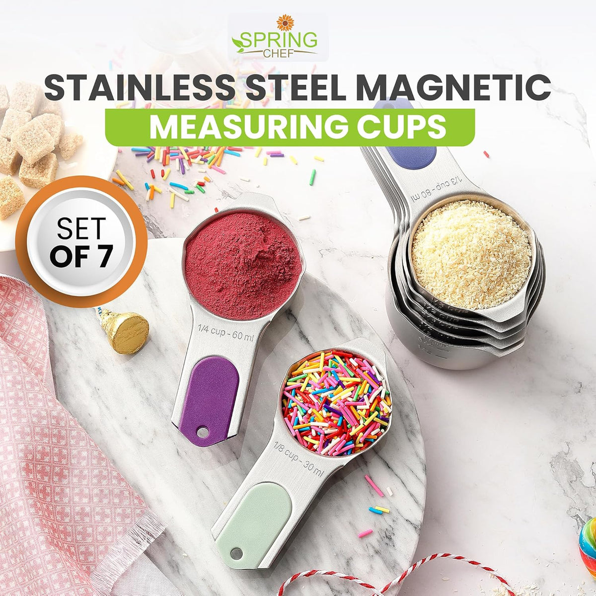 Spring Chef Magnetic Stainless Steel Measuring Cups, Patented, Kitchen Tools with Easy to Read Markings for Measuring Dry or Liquid Ingredients, Set of 7, Winter Frost