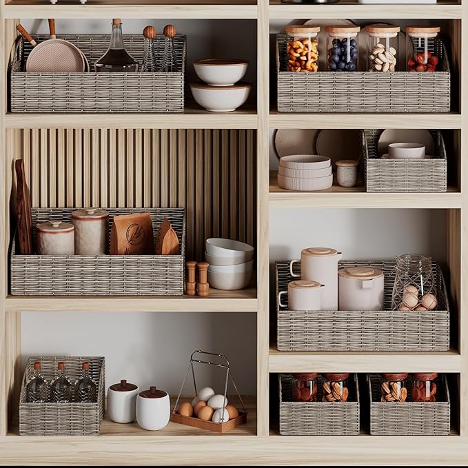 Ollieroo Rattan Storage Baskets, Handwoven Wicker Storage Bins with Built-in Handles, Storage Container Baskets for Shelves, Bedroom, Bathroom, Laundry Room or Kitchen(Grey)
