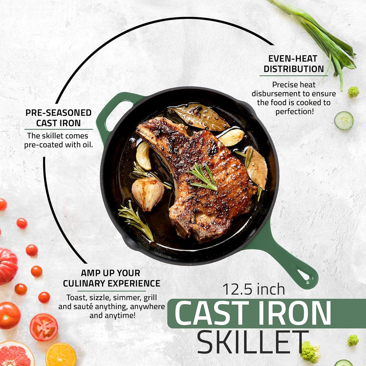 Utopia Kitchen Cast Iron Frying Pan 12.5 Inch, Cast Iron Chefs Pan, Pre Seasoned Skillet, Safe Grill Cookware for Indoor & Outdoor Use, Green