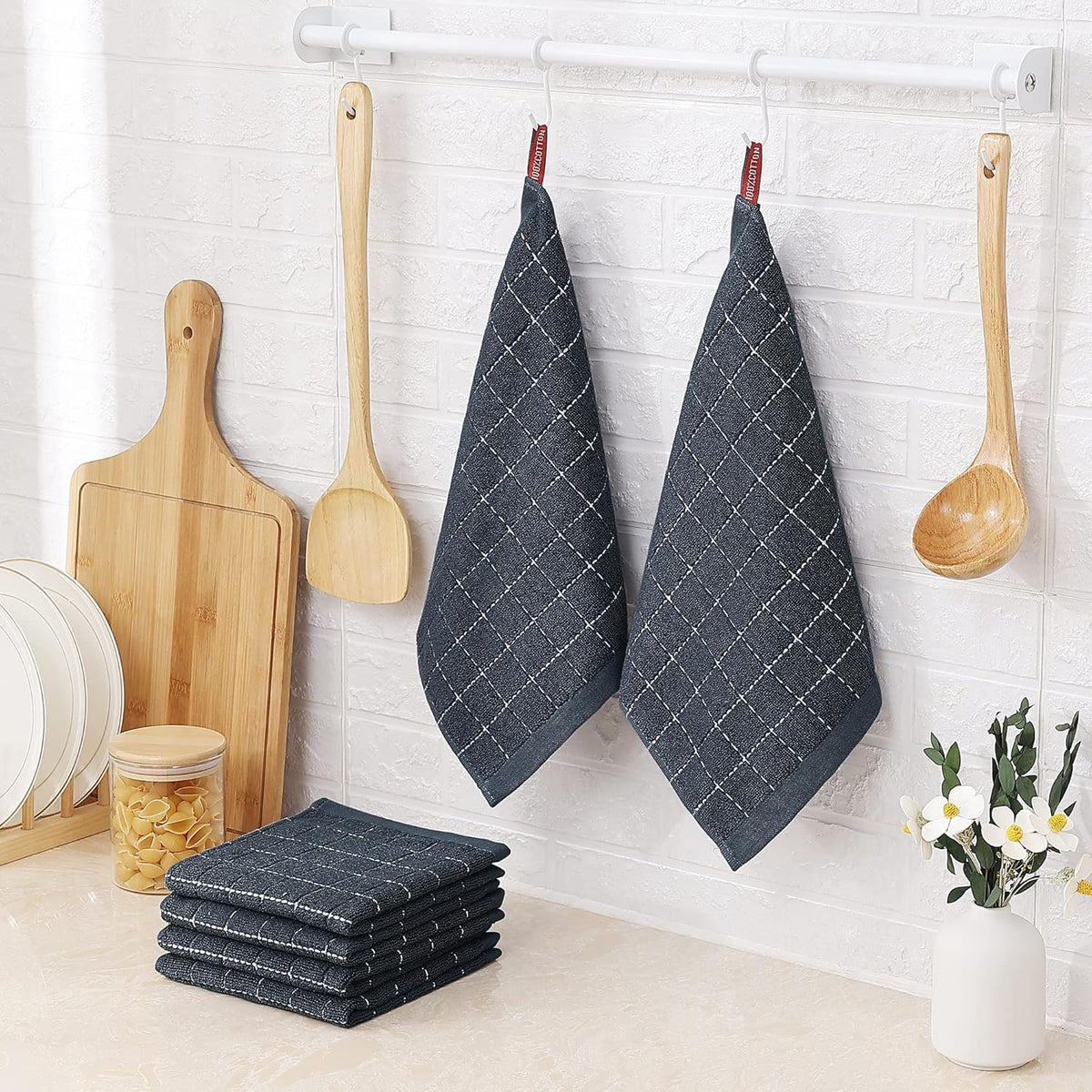 Homaxy 100% Cotton Terry Kitchen Dish Cloths, Ultra Soft and Absorbent Dish Towels for Kitchen, Suitable for Drying and Washing Dishes, 8 Pack, 12 x 12 Inches, Dark Grey