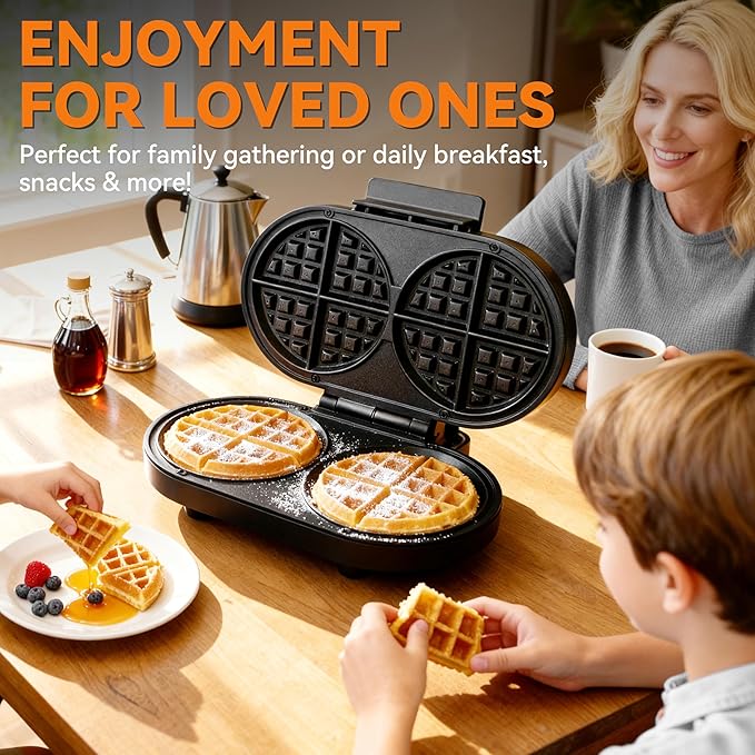 Baker’s Friend Double Belgian Waffle Maker Thick, 2 X 6” Round Waffle Maker, Belgium Waffle Iron, Waflera Electrica with Non-stick Plates, 1200W, Perfect for Kids & Family Breakfast, Graphite