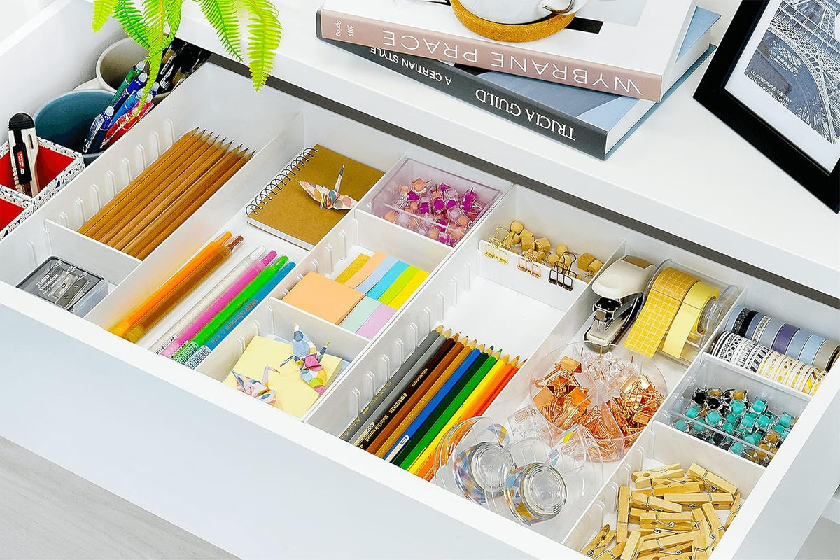 CAXXA 3 Slot Drawer Organizer with 4 Adjustable Dividers - 7 Compartments Junk Drawer Storage for Makeup & Vanity, Office Desk Supplies and Accessories,WHITE (2 pack)