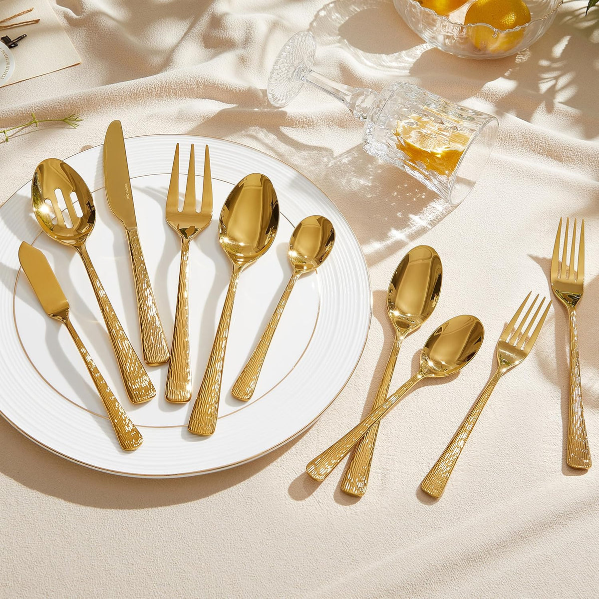 KINGSTONE Gold Hammered Silverware Set, Flatware Set with Serving Utensils, 18/10 Stainless Steel Premium Cutlery with Unique Ripple Handles Design Mirror Polished - Dishwasher Safe (45-Piece)