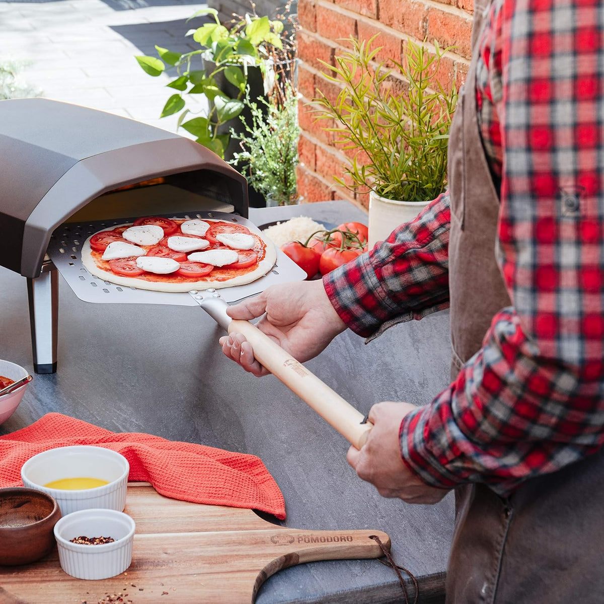 Chef Pomodoro Perforated Pizza Peel Aluminum, 12 x 14-Inch, with Detachable Wood 49-Inch Long Extendable Handle for Easy Storage, Gourmet Luxury Pizza Paddle for Baking Homemade Pizza Bread