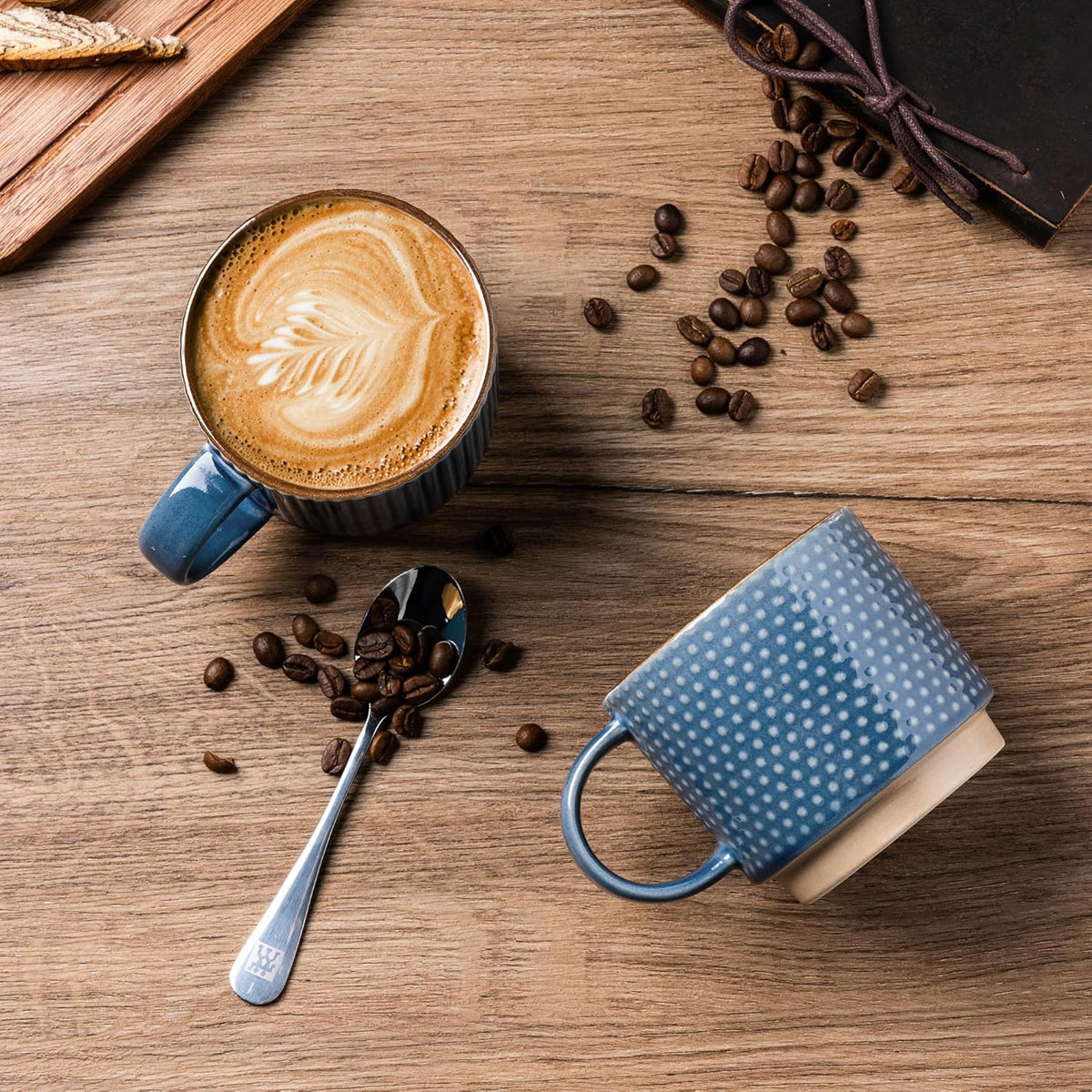 GBHOME 15OZ Stackable Coffee Mugs, Ceramic Coffee Cups with Texture Patterns for Man,Woman,Dad,Mom, Modern Coffee Mugs Set of 4 for Latte/Cappuccino/Cocoa. Dishwasher&Microwave Safe, Blue