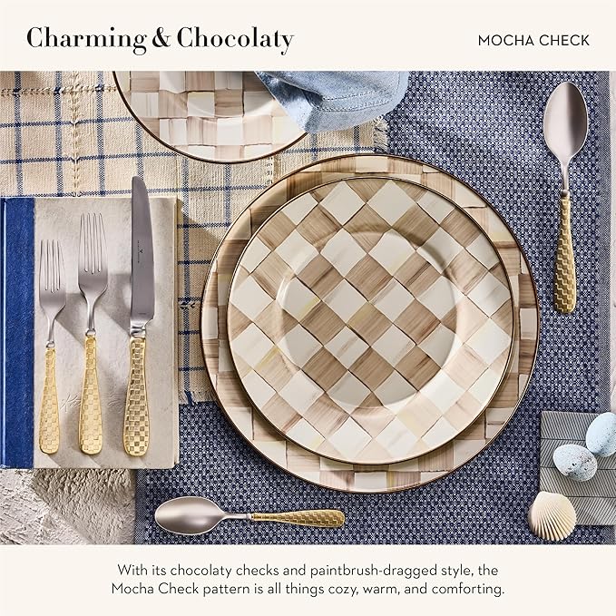 MACKENZIE-CHILDS Enamel Salad and Dessert Plate, Small Plate for a Dessert or Appetizer Dish, 8 Inches, Brown-and-White Mocha Check