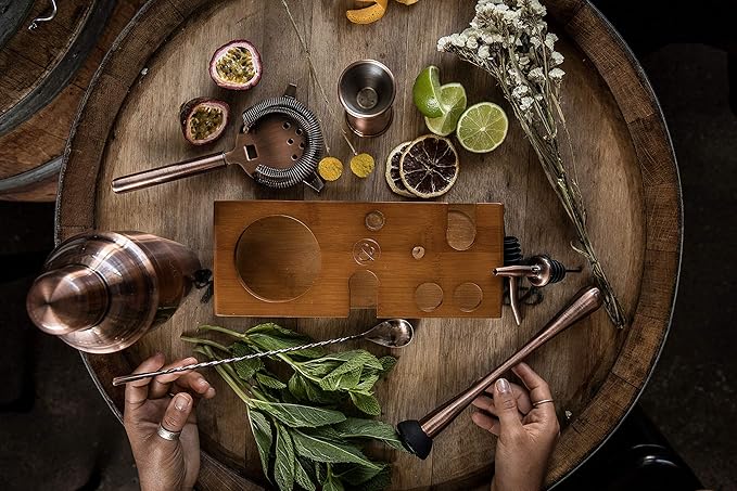 Mint & Mortar Cocktail Shaker Set, 7-Piece Bartender Kit with Stand, 24oz Martini Shaker Bottle Stainless Steel Bar Tools, Home Bar Accessories Drink Mixer, Barware Gift Set - Brushed Copper