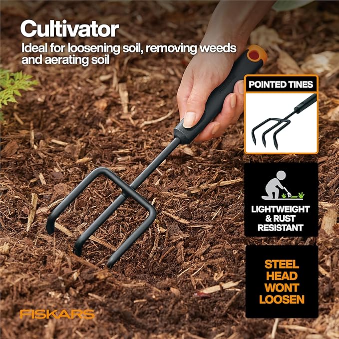 Fiskars Vegetable Garden Tool Set with Vegetable Shears, Seed Sower, Trowel, Cultivator, Weeder, and L/XL Garden Gloves for Indoor or Outdoor Gardening (6 Piece Kit)