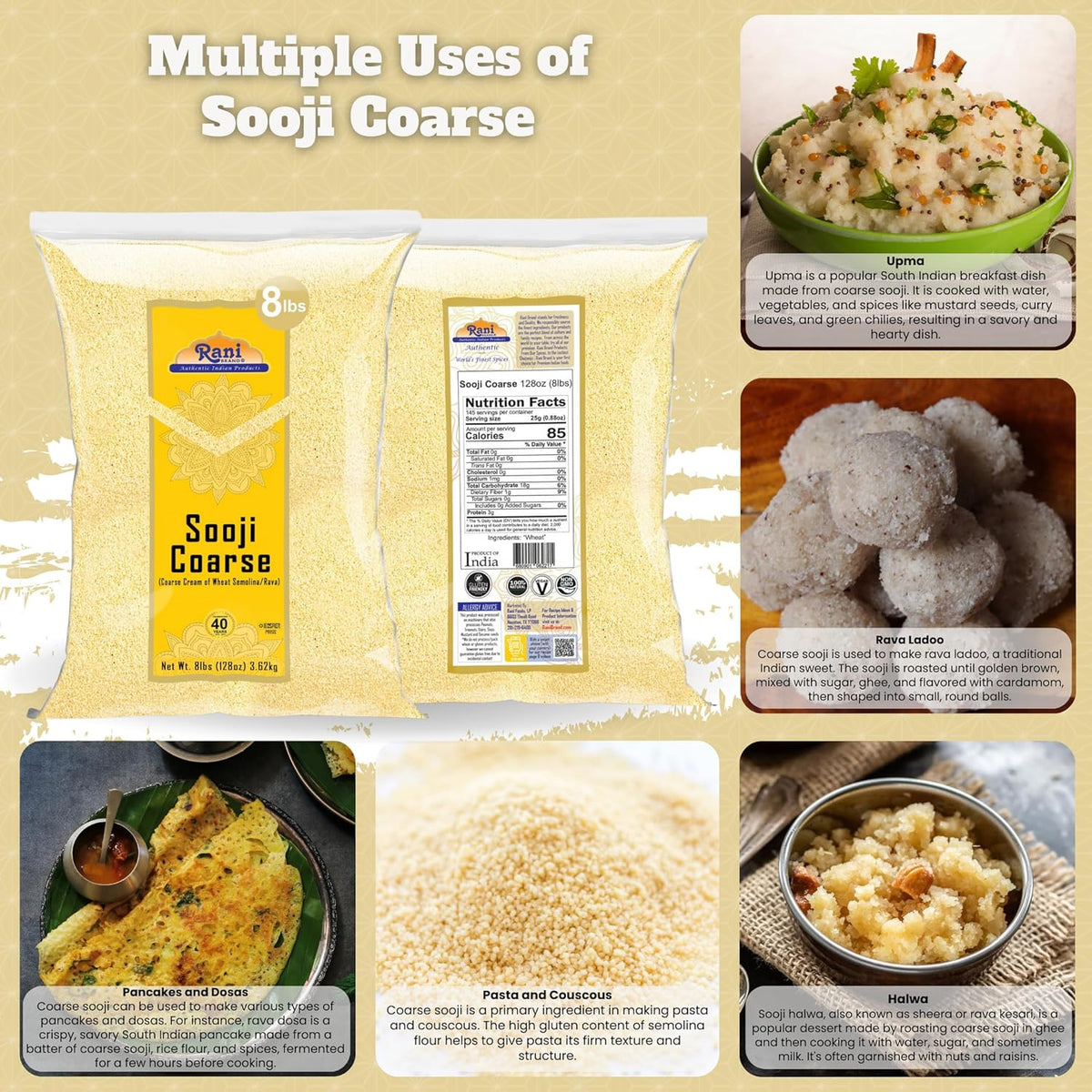 Rani Sooji Coarse (Farina, Suji, Rava, Rawa, Wheat Semolina) Flour 128oz (8lbs) 3.63kg Bulk ~ All Natural | Vegan | NON-GMO | Kosher | Indian Origin