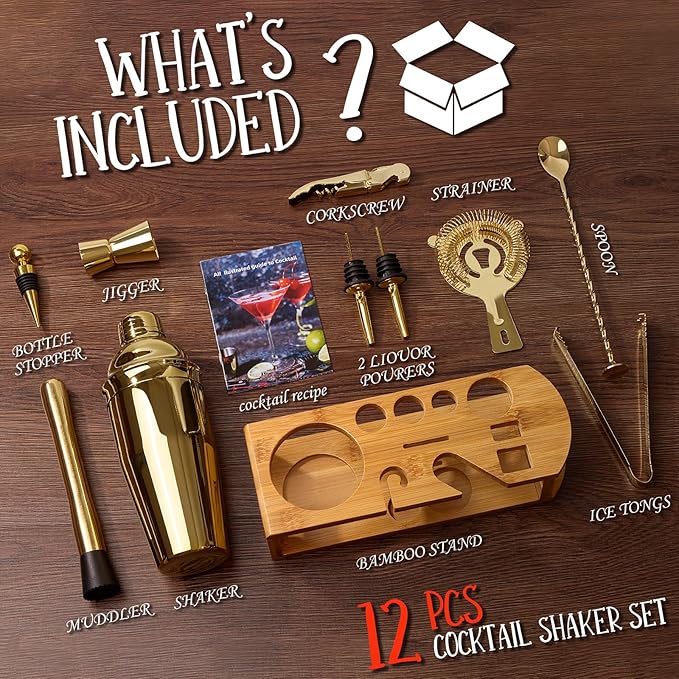 Cocktail Shaker Set Bartender Kit : 12-Piece Bar Tool Set with Bamboo Stand | Bars Set with All Practical Bar Accessories, for Drink Mixing, Bar, Home, Lounge & Party (Gold)