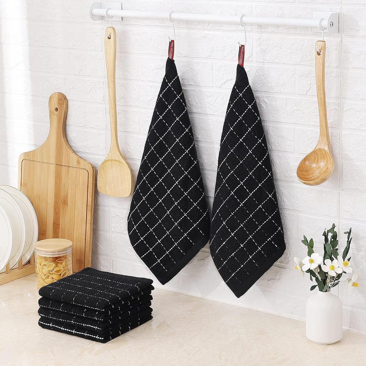 Homaxy 100% Cotton Terry Kitchen Dish Cloths, Ultra Soft and Absorbent Dish Towels for Kitchen, Suitable for Drying and Washing Dishes, 12 Pack, 12 x 12 Inches, Black