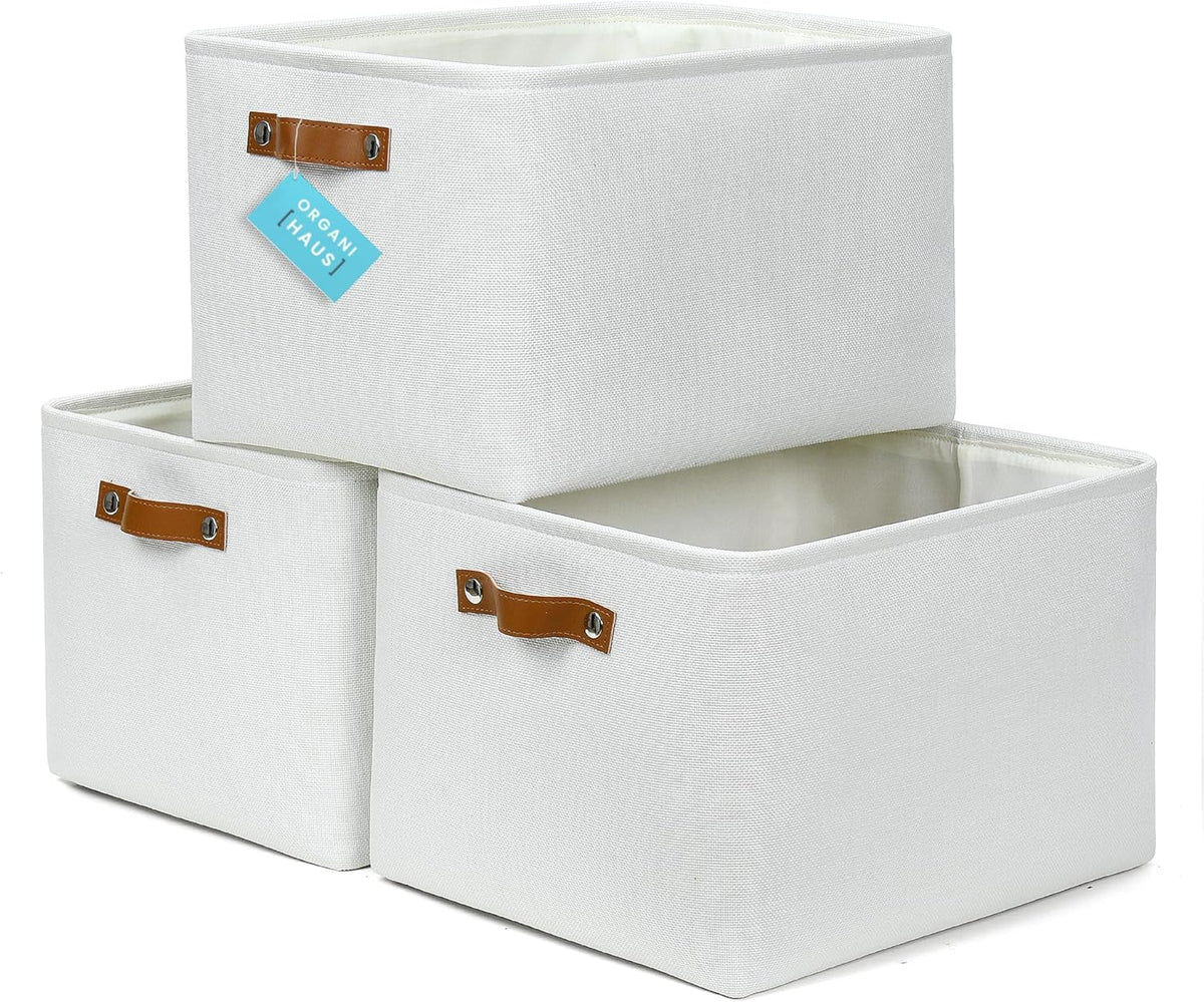 OrganiHaus Extra Large Fabric Storage Bins for Shelves 16x13in, Closet Storage Baskets for Shelf Organizing, Canvas Rectangle Bins for Organization, Linnen Baskets for Organizing - Off-White