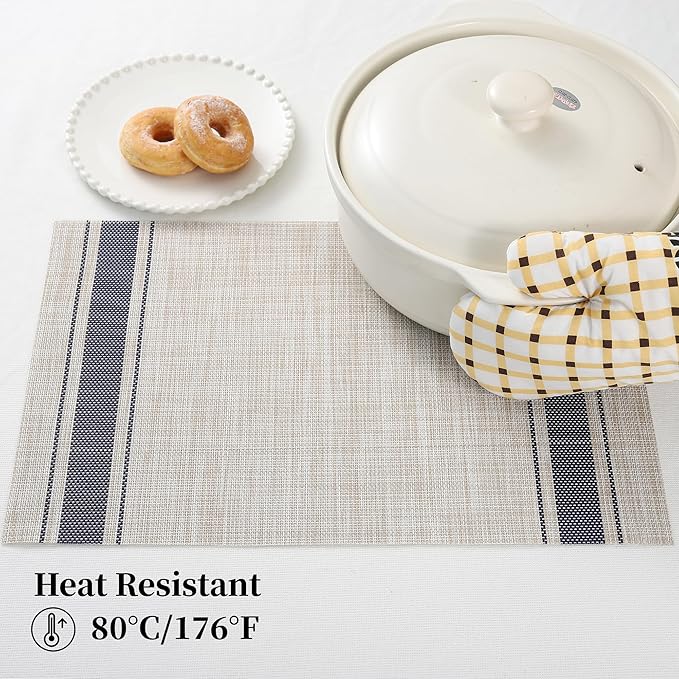 Leetaltree Khaki-Blue Placemats, Heat Resistant Non-Slip Place mats for Dining Table, Washable Durable PVC Vinyl Woven Table Mats (Set of 8)