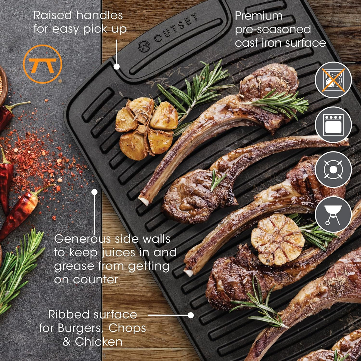 Outset Cast Iron Grill Griddle, Reversible Stovetop and Grill Griddle, 18" x 10"