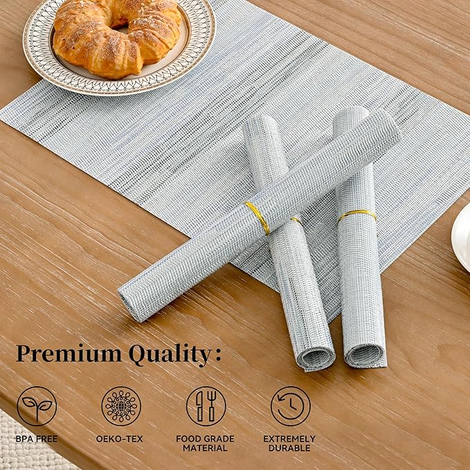 Leetaltree LightSteel Blue Placemats Set of 4 - Heat Resistant Non-Slip Place mats for Dining Table, Washable Durable PVC Vinyl Woven Table Mats（LightSteel Blue, 4）
