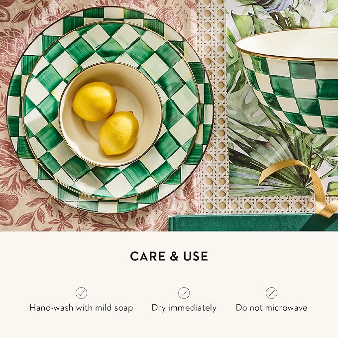 MACKENZIE-CHILDS Enamel Dinner Plate, Decorative Dinnerware Plate, 10 Inches, Green-and-White Emerald Check