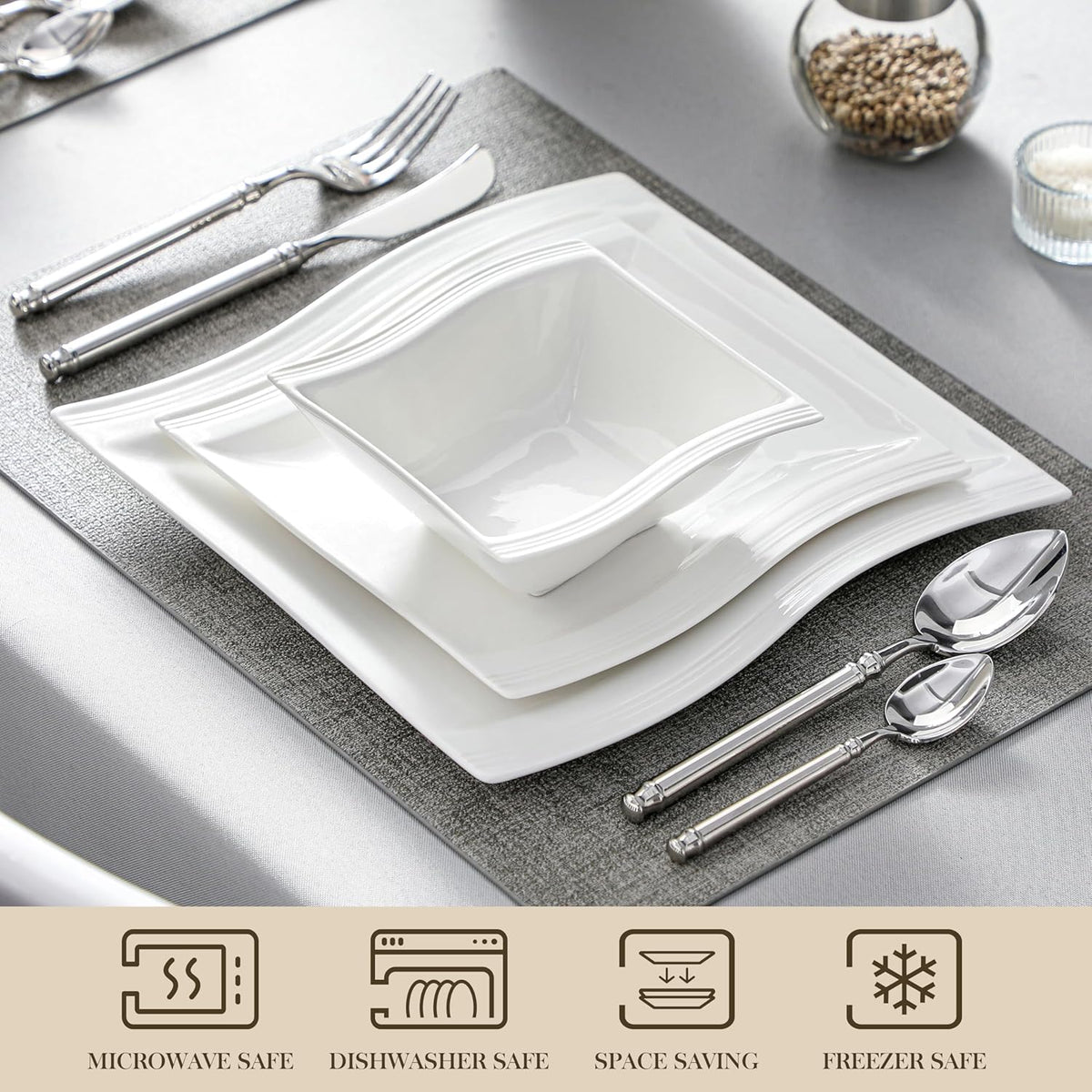 MALACASA Ivory White Dinnerware Set, 12 Pieces - Porcelain Dinner Plates, Dessert Plates and Bowls, Square Flora Pattern