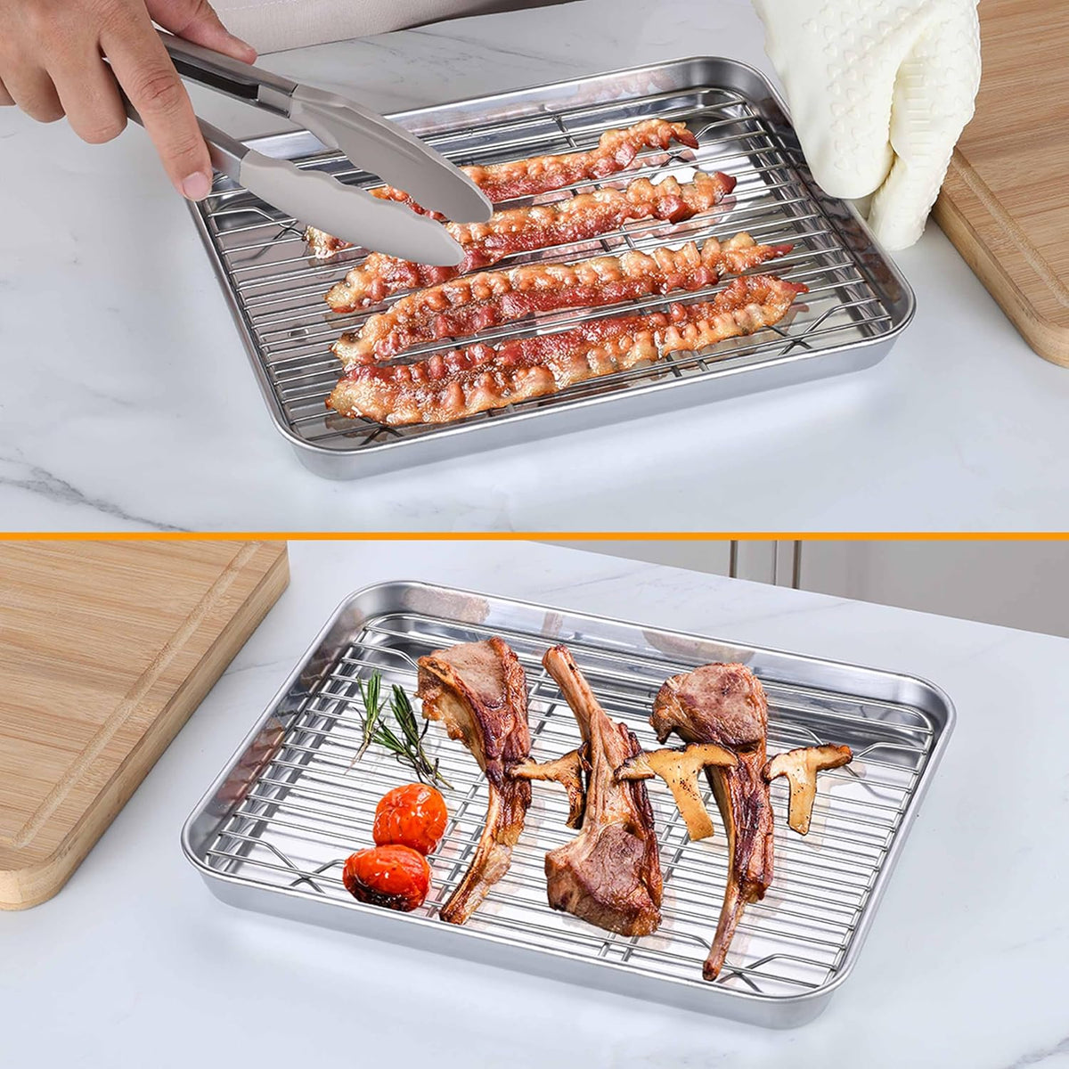 Homikit Baking Sheet with Wire Rack, 9 x 7 Inch Stainless Steel Cookie Sheets for Baking, Small Baking Pan with Cooling Rack, Nonstick Metal Mini Toaster Oven Bacon Tray, Rust Free & Dishwasher Safe