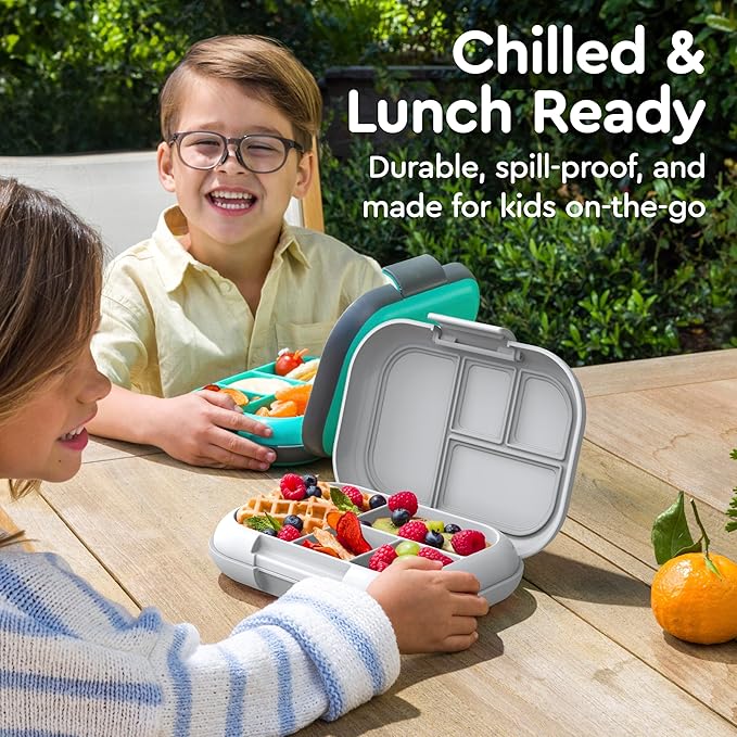 Bentgo Chill Kids Leak-Proof Lunch Box - 4-Compartment Bento Box with Built-In Ice Pack, 3.3 Cup Capacity, PFAS & BPA-Free, Microwave & Dishwasher Safe, Ideal Size for Ages 3 to 7 (Gray)