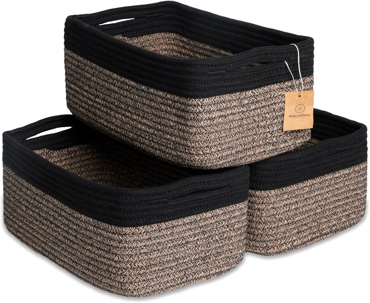 NaturalCozy 13.5”x8.5”x5.5” Rectangle Storage Baskets for Shelves 3 Pack | Cotton Rope Woven Small Baskets for Organizing | Small Storage Bins for Nursery, Bathroom, Closet, Shelf, Decorative