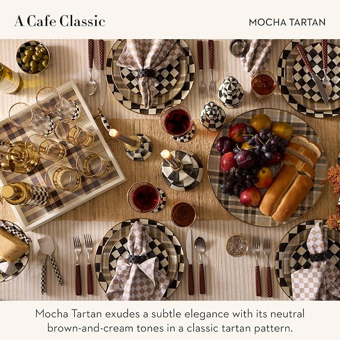 MACKENZIE-CHILDS Enamel Salad and Dessert Plate, Small Plate for a Dessert or Appetizer Dish, 8 Inches, Brown-and-White Tartan Mocha