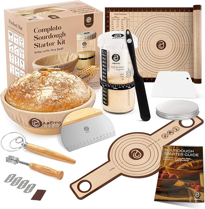 Sourdough Starter Kit with 9" Round Banneton Proofing Basket and 24oz Starter Jar - Beginner-Friendly Sourdough Bread Baking Supplies and Baking Gifts for Women, Men, and Bread Bakers
