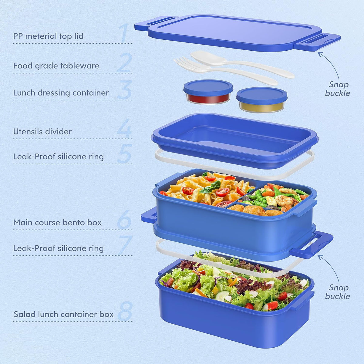 Jelife Adult Bento Lunch Box - 3 Layers Stackable Bento Lunch Box for Adults, 72oz Large All-in-One Bento Box Leak-Proof Lunch boxes with Utensil Sauce Containers, Ideal for Dining Out,Work, Blue