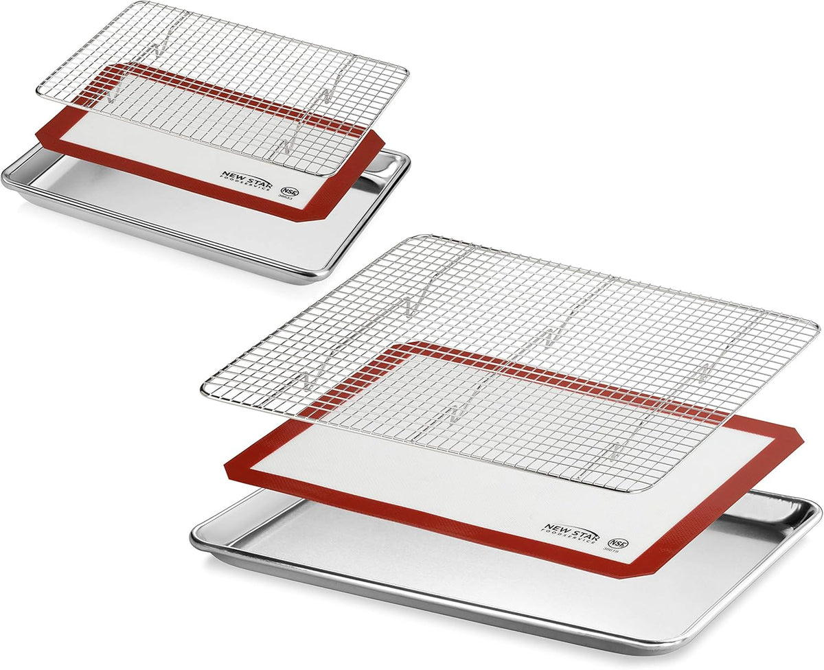 New Star Foodservice 1028751 Commercial-Grade Bun Pan/Baking Sheet, Baking Mat, Cooling Rack Combo, 1/4 and 1/2 Sizes Each