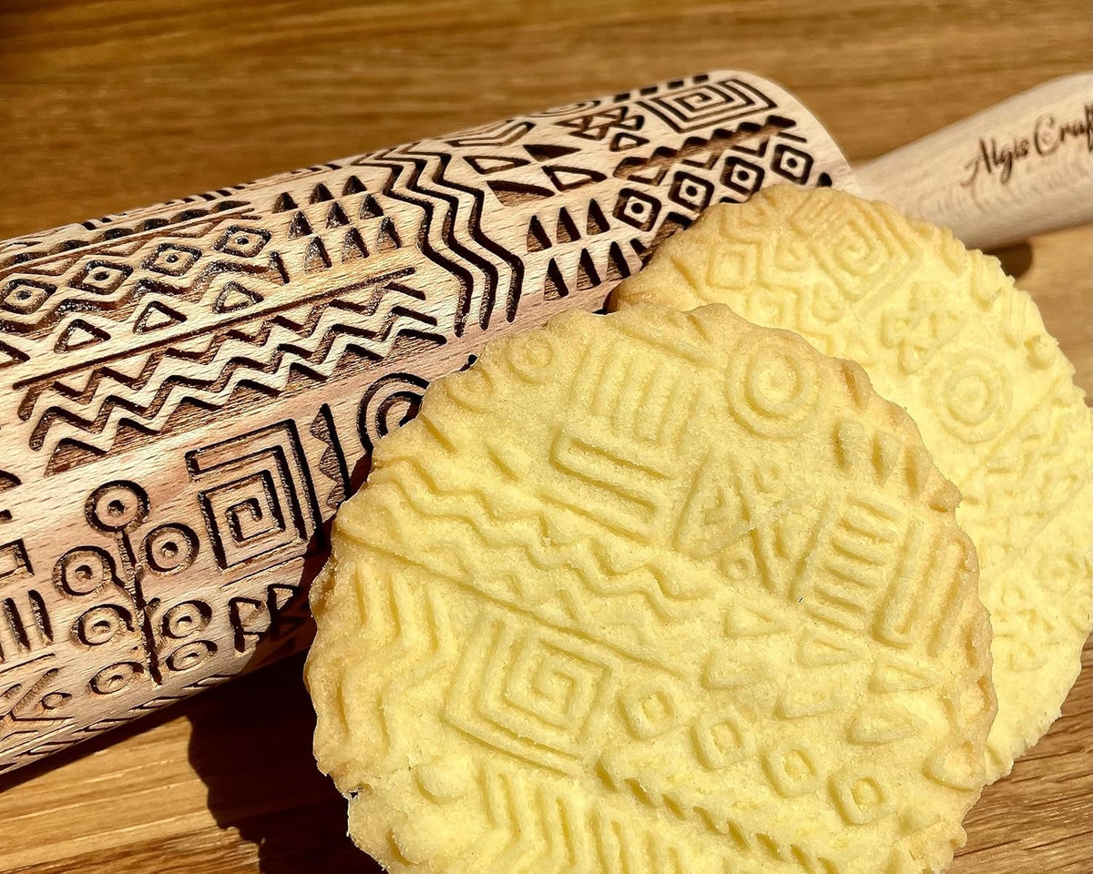 TRIBAL Embossing Rolling Pin. Laser Engraved Dough Roller for Embossed Cookies or Pottery by Algis Crafts
